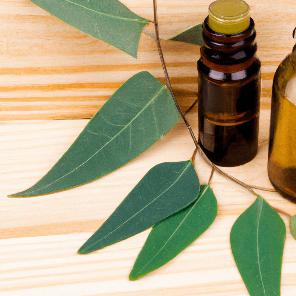 Eucalyptus essential oil on wooden table