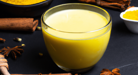 Golden milk with cinnamon, turmeric, ginger and honey over black stone background.