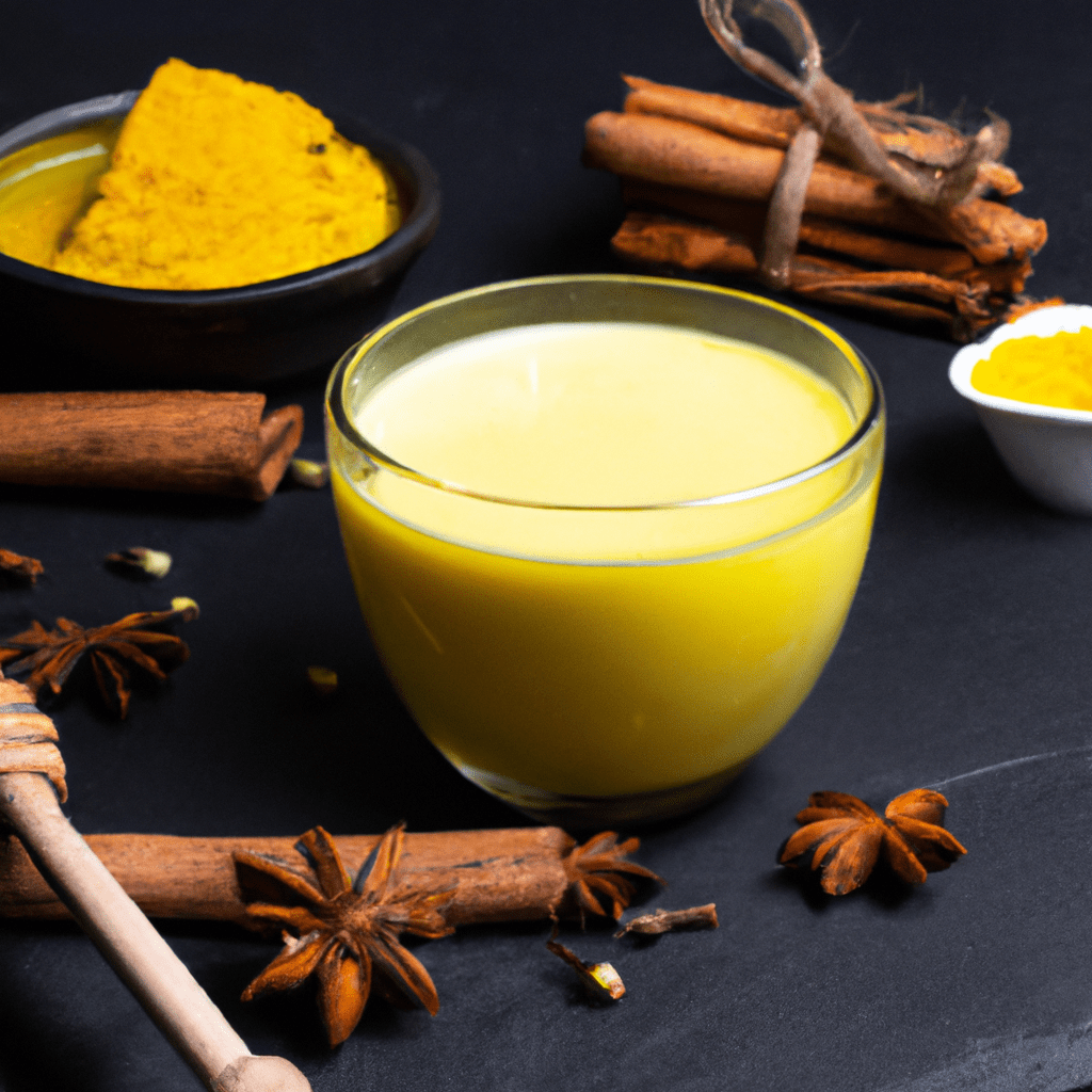 Golden milk with cinnamon, turmeric, ginger and honey over black stone background.