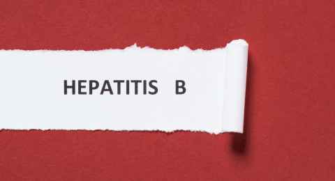 top view of lettering hepatitis b on paper on red background, world hepatitis day concept